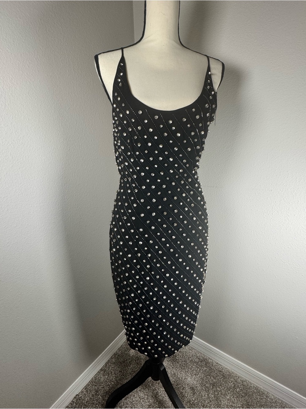 retrofête Cosmos Dress Black Crystal Embellished Midi NWT S